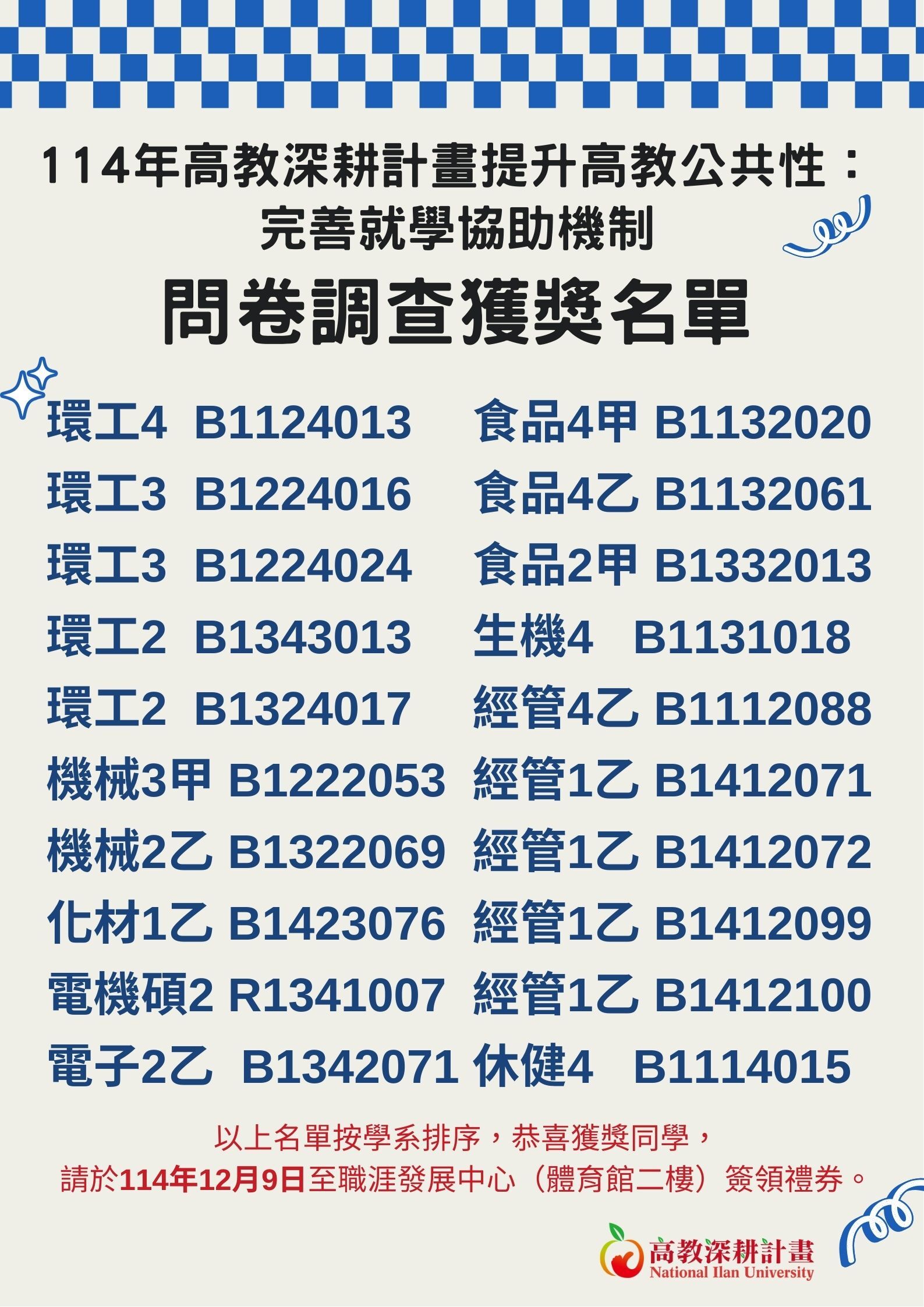 114年度高教深耕計畫提升高教公共性問卷填答獲獎名單，請於12月9日前至職涯發展中心領獎。